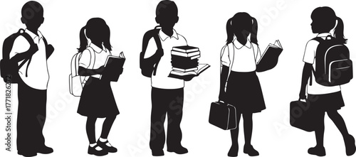 Silhouette depictions of elementary school children, symbolizing education, knowledge, backpacks, uniforms, and learning. This graphic portrays students at various stages