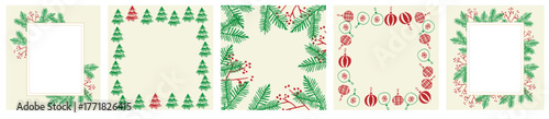 Christmas frame set with pine branches, holly berries and ornaments – festive holiday card templates