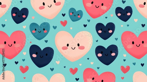 A playful pattern featuring colorful, smiling hearts on a light blue background, creating a cheerful and whimsical atmosphere.