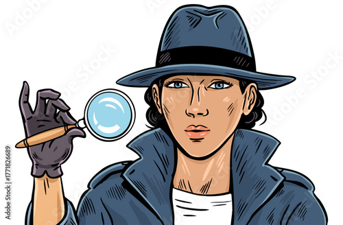 Female detective with magnifying glass pop art vector