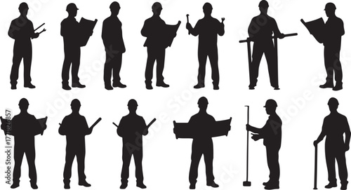 Silhouette Collection Diverse Construction and Engineering Professionals Working with Plans and Tools - Stock Vector Illustration