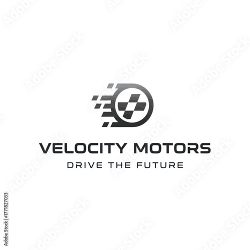 Velocity Motors logo design with speed and checkered flag icon.
