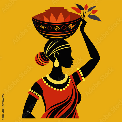 Silhouette of an African woman carrying a pot on her head vector illustration in a flat design style representing culture and tradition