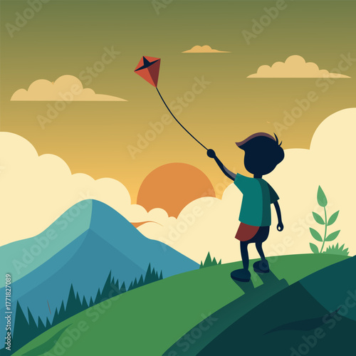 Silhouette of a boy flying a kite outdoor activity in nature vector illustration for childrens books and recreational designs