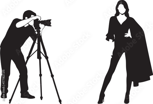 A simple black and white silhouette vector graphic showing a professional photographer with a camera on a tripod during a fashion photoshoot with a model