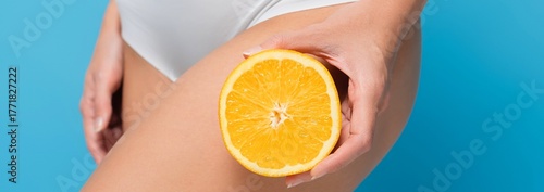 Woman s thigh holding a fresh orange slice against blue background