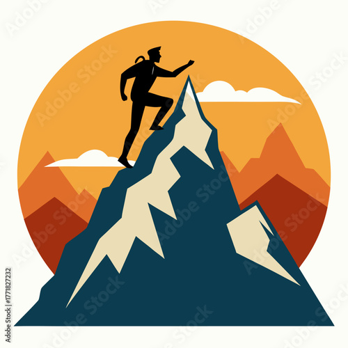 Silhouette of a hiker climbing a mountain peak vector illustration for adventure and achievement concepts isolated on white background