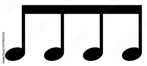 Black four beamed eighth notes icon, connected quaver group for rhythm and melody notation design, PNG with transparent background