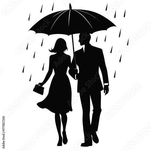 Silhouette of a couple walking in the rain under an umbrella vector illustration isolated on white background symbolizing protection and companionship
