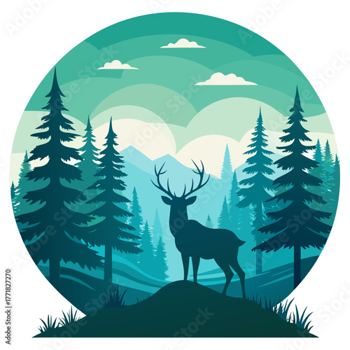 Deer silhouette in a forest landscape vector illustration with mountains and trees ideal for nature and wildlife designs
