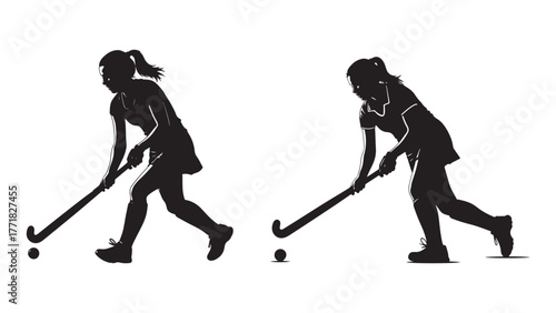 Dynamic female hockey player in action with stick and puck vector illustration. Hockey player silhouette vector illustration