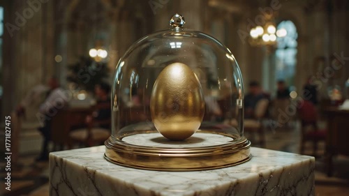 Golden Egg on Display in Elegant Museum Setting With Marble Pedestal and Soft Lighting