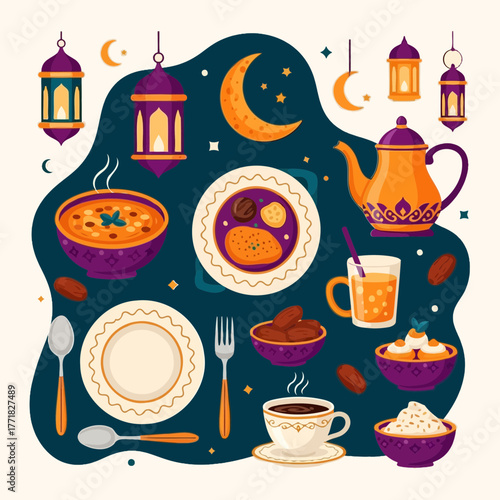 A colorful and inviting flat lay illustration of traditional dishes, sweet treats, and festive lanterns, symbolizing a joyful evening meal and cultural celebration