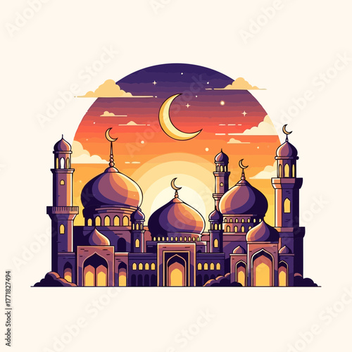 Majestic mosque silhouette at twilight, adorned with a crescent moon, symbolizing spiritual reflection and the beauty of Islamic architecture during sacred times
