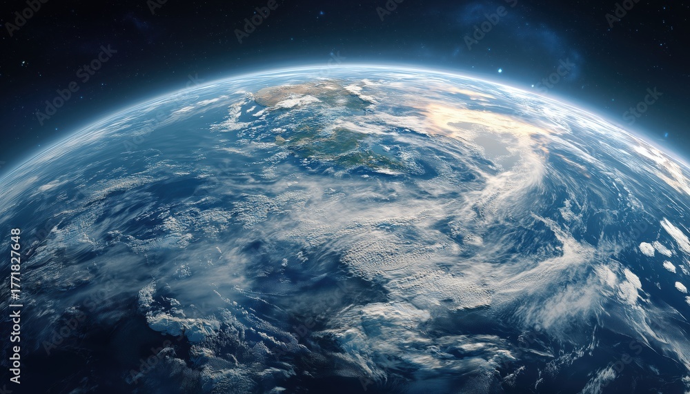 Fototapeta premium Breathtaking Blue Earth With Ocean, Clouds, And Continents Floating In The Vast Open Space Against A Twinkling Starry Sky.