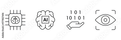 Ai chip, ai brain, binary data hand, ai vision eye icon set, artificial intelligence vector illustration, minimal technology research symbol.