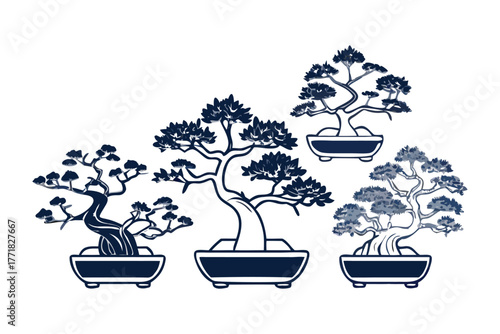 Bonsai Garden: A collection of meticulously styled bonsai trees in varying shapes and sizes, each potted with care, showcasing the beauty of the miniature and the art of cultivation.