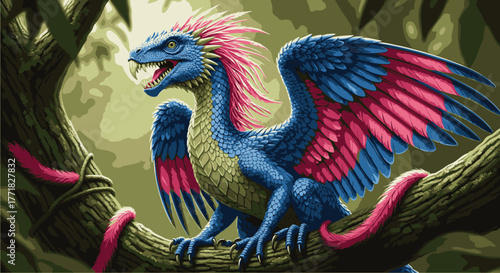 Fantastical Dragon Resting on a Branch in a Lush Forest A Colorful Illustration