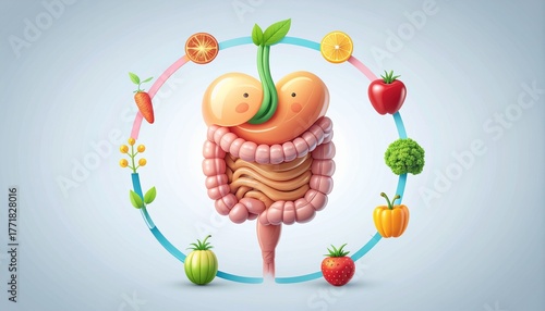 Sprouting with Health: A Joyful Cartoon Digestive System Fed by a Circle of Fresh Produce