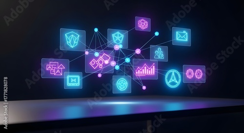Vibrant Neon Digital Network: Interconnected Icons on Reflective Surface