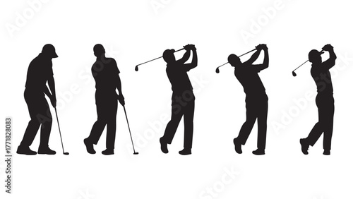 Dynamic golf player in action mid-swing. Collection of vector silhouettes of golf player