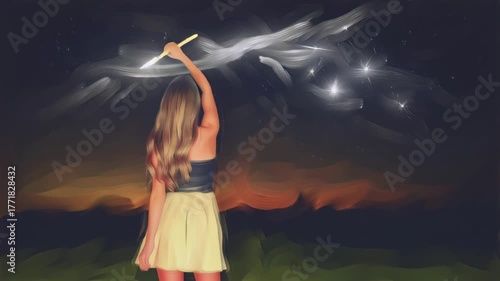 Woman painting stars in the night sky with a glowing wand