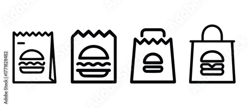 Fast Food Delivery and Takeout Bag Icons Set. Paper Bag with Burger Symbol for Restaurant