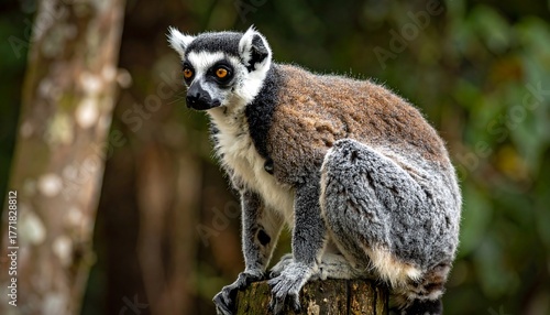 A close-up portrait shows a ring-tailed primate perched on a tree stump, with striking eyes and a curious gaze. Lush green foliage surrounds