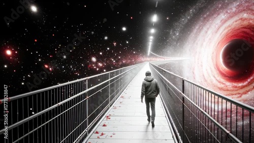 Man walks on a bridge towards a black hole in space