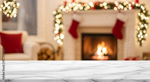 Empty marble top with blurred fireplace and christmas decoration background