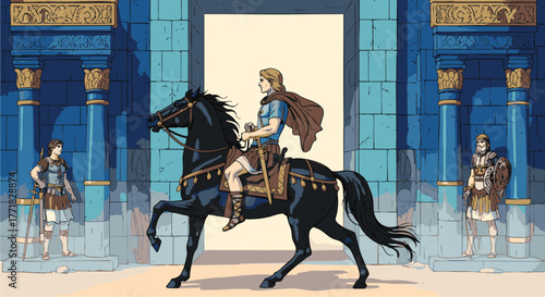 Dynamic illustration of a heroic ancient commander on a powerful black steed, advancing towards the grand entrance of a majestic blue palace, symbolizing conquest and historical leadership