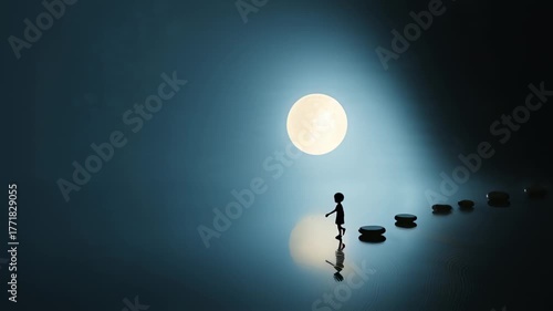 Silhouette of a child walking on stepping stones towards the moon