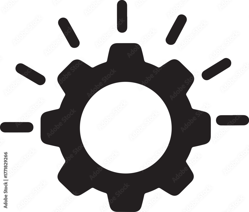 Fototapeta premium Black gear icon with radiating lines on white background mechanism engineering
