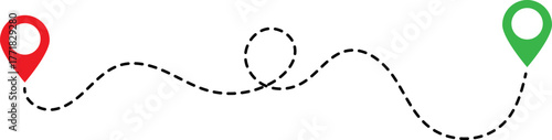 Two location pins connected by a dashed route line