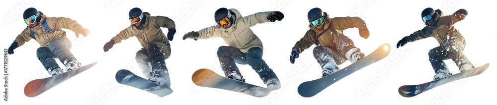 Fototapeta premium PNG Dynamic snowboarding action sequence, element set on transparent background