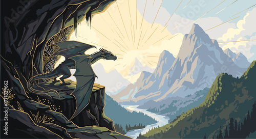 Ancient winged beast guards a breathtaking mountain kingdom, surveying the epic river valley from its hidden cave, bathed in the vibrant hues of a new day's golden sunrise