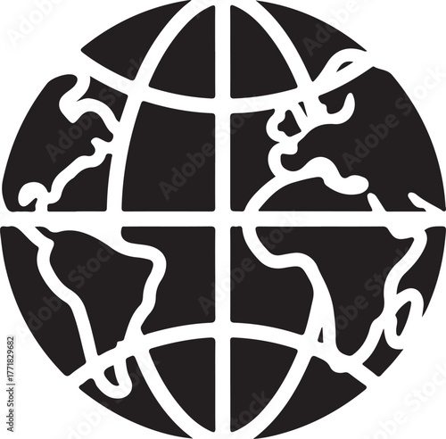 Black Silhouette Icon of the Earth Globe with Continents on a White Background world