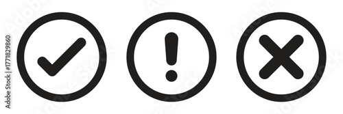 Set of flat round check mark, exclamation point, X mark icons, buttons isolated on a white background. Green check mark, exclamation point, red cross mark icon set. Vector illustration.