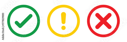 Set of flat round check mark icon vector, exclamation point, X mark icons, buttons isolated on a white background.