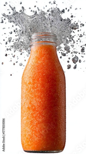 A vibrant orange soda bottle filled to the brim gleams in the light, adorned with cool water droplets. Bubbles burst playfully, creating an enticing scene of refreshment on a warm day