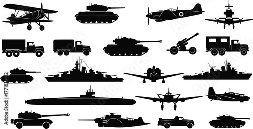 World War military vehicles silhouettes collection, tanks planes ships trucks artillery vector illustration set, army transportation equipment artwork, cad drawing flat vector illustration