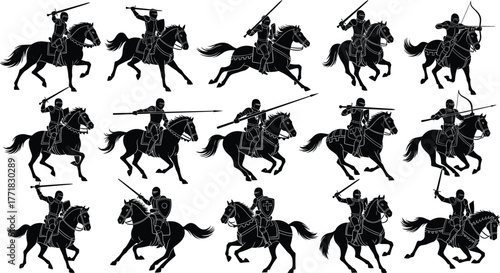 Medieval knight cavalry silhouettes collection, armored horsemen with swords spears and bows vector illustration, historical battle scene artwork, ancient warriors design, 