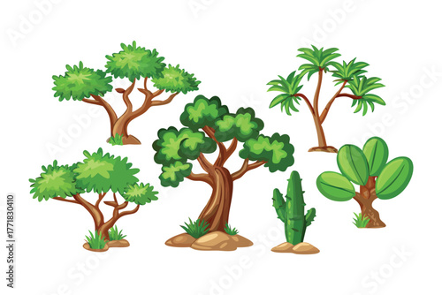 Illustrative tree variations: A collection of various trees and a cactus, showcasing a diverse array of tree types, each brimming with lush, green foliage and sturdy brown trunks.