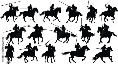 Medieval knight horsemen silhouettes collection, warriors with swords and spears vector illustration, cavalry battle scene artwork, historical combat design, cad drawing flat vector illustration