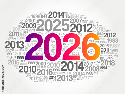 2026 typography surrounded by previous years forming circular timeline, representing time, progress, milestone, history, and continuity concept for new year and future development