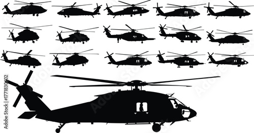 Blackhawk helicopter silhouettes collection, military aircraft vector set, helicopter side views, aviation illustration bundle, cad drawing flat vector illustration