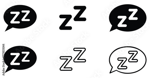 Sleep symbol icons set – stylized “Zzz” and speech bubble variations representing rest, tiredness, snoring, relaxation, and bedtime cues 