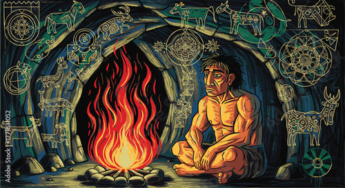 Cave Dweller Contemplating Life by Firelight with Symbolic Cave Art
