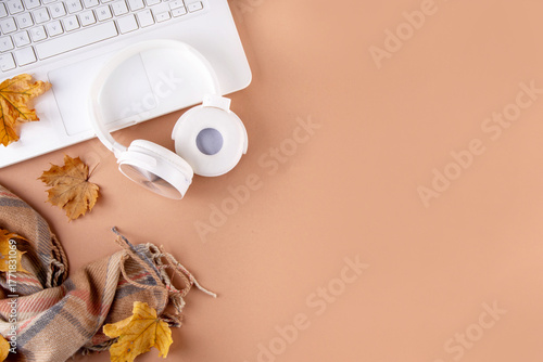 Cozy autumn background with laptop, fall leaves and plaid © ricka_kinamoto