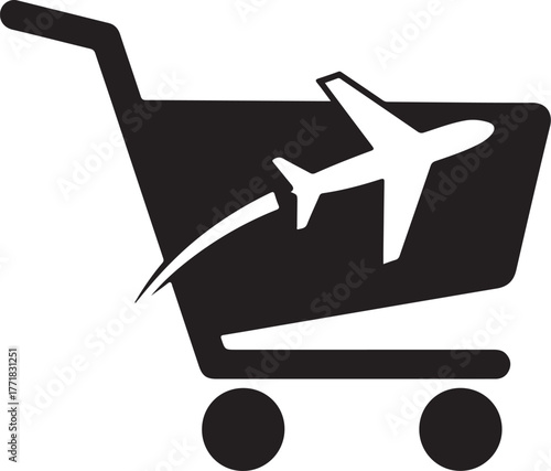 Shopping Cart Icon With Airplane Flying Out travel commerce